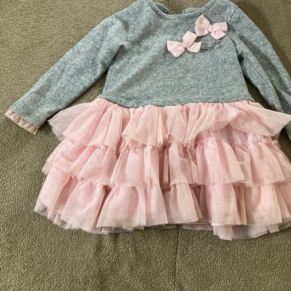 Gray Sweater Top with Pink Tulle Ruffle Skirt and Bows